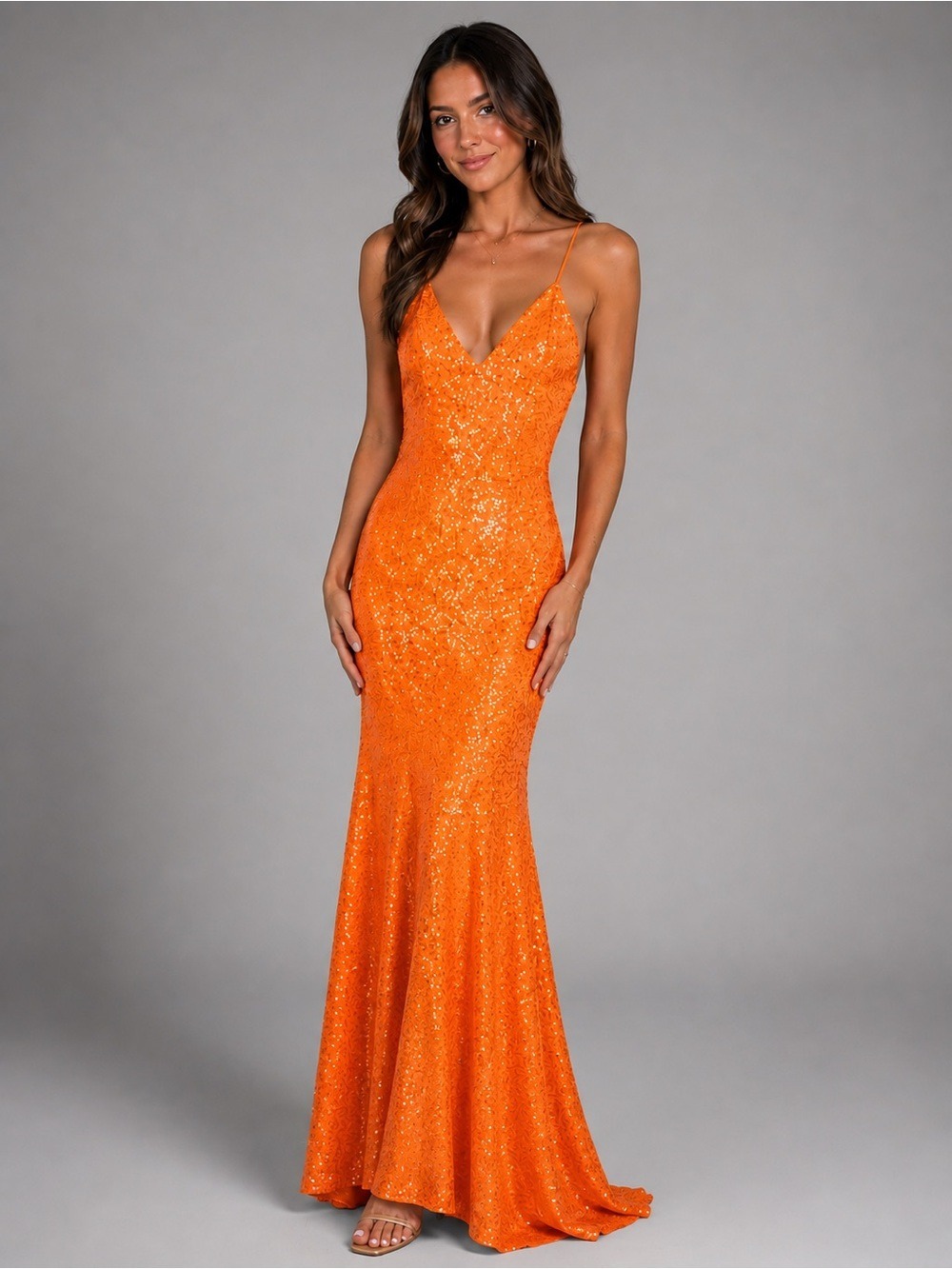 Norma Kamali Sequin Low Back Mermaid Gown Neon Orange XS NWT $595 - Picture 3 of 14